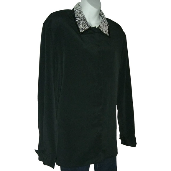 Vintage 80's Black Blouse Mob Wife egirl ALT Business Goth Pearl Collar Classic - Picture 2 of 11